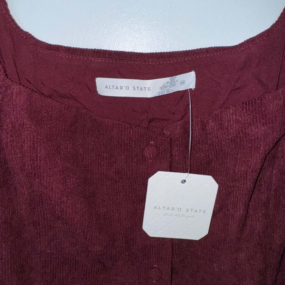Altar'd State Burgundy Corduroy Button Front Square Neck Mini Dress - Picture 6 of 12